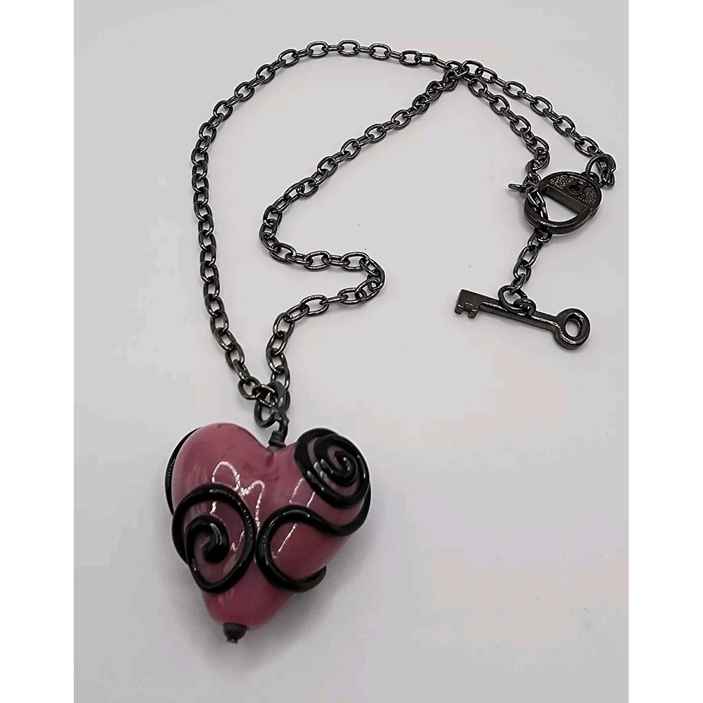 Pink Artisan Glass Heart Swirl Pendant Padlock Key Valentines Day Vintage Goth